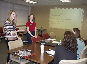 Lone Star College-Montgomerys new Maverick TRAC Center allows representatives like these from Texas Tech University to meet with LSC-Montgomery students and staff on transfer opportunities and transitioning to a university. LSC-Montgomerys TRAC Center is hosting several university presentations each week throughout the semester. (Pictured above on far left is Emily Whitehead, admissions counselor with Texas Tech, and Megan Walker, academic advisor with Texas Tech.)