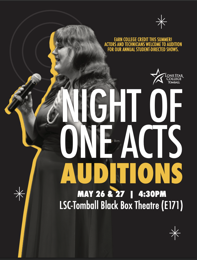 Night of One Acts Auditions, May 26-27 4:30pm in the LSCT Black Box Theatre (E171)