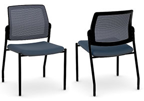 photo of two standard chairs with blue mesh backs