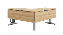 photo of an L-shaped desk with the cypress wood laminate finish