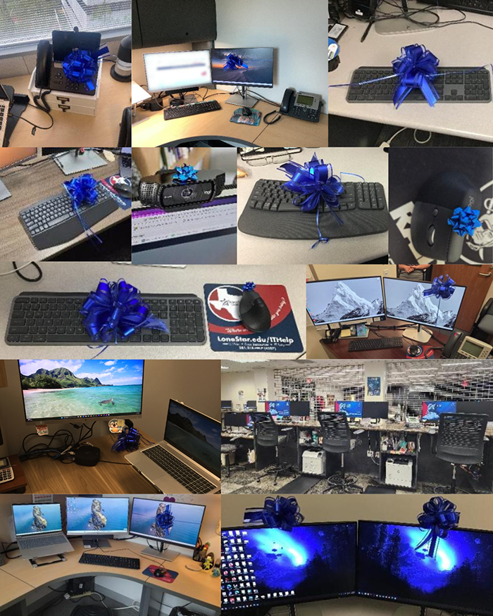 coolage of photos of various IT equipment deliveries across the system, all with blue ribbons on them
