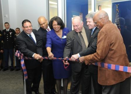 Officials cut the ribbon as part of the grand opening ceremonies for the new Lone Star College System Veterans Affairs Center.