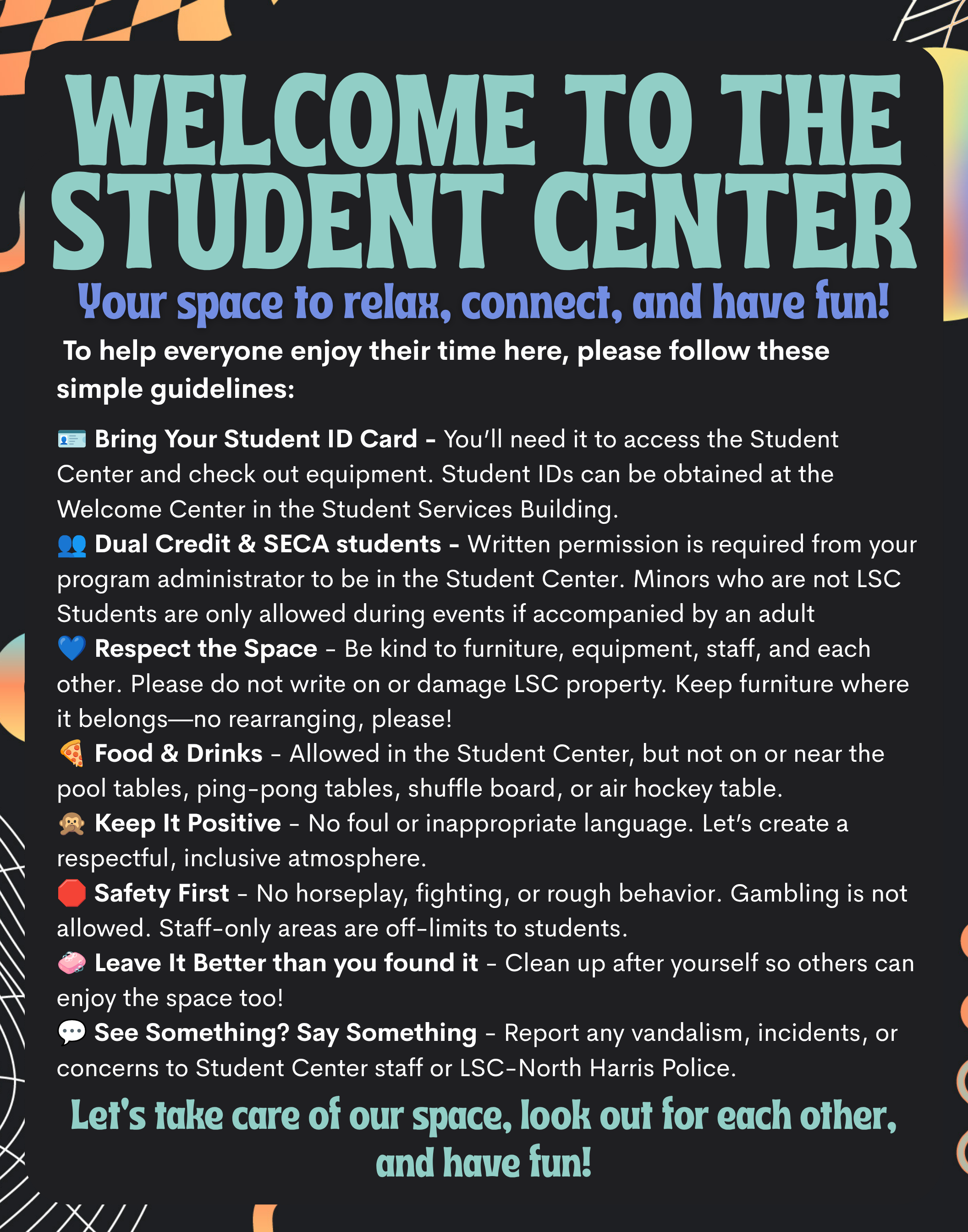 a graphic displaying the Student Center expectations and rules. A downloadable version is linked under the graphic
