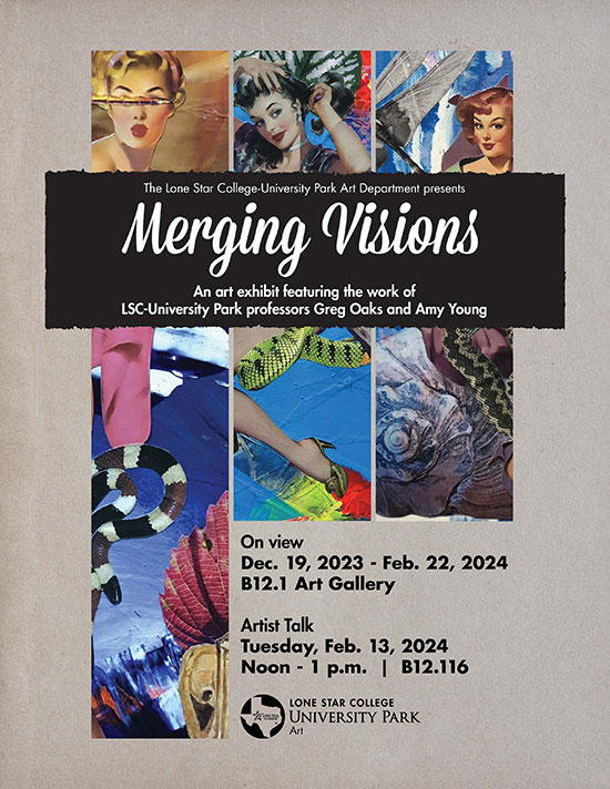 Experience Merging Visions  an artistic journey with Lone Star College-University Park Professors Gregory Oaks and Amy Young. The fusion of visual and literary arts on display at LSC-University Park's Building 12 Art Gallery awaits.