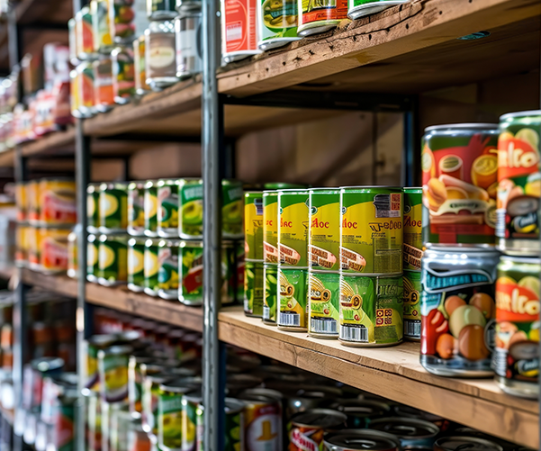 Shelves of canned goods.