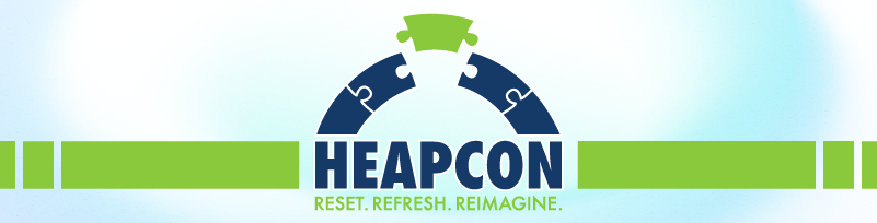Conference banner for HEAPCON showing a blue and green stylized arch made of puzzle pieces above the event name in bold blue letters. Beneath the name is the slogan “Reset. Refresh. Reimagine.” The background is a soft light gradient with green horizontal accent bars along the top and bottom.