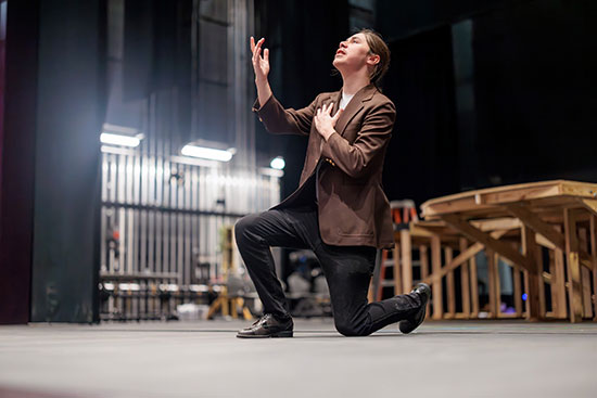 Lone Star College-University Park student Eian Garza takes center stage as Antonio Salieri in a rehearsal for “Amadeus,” a production by the Lone Star College-University Park drama department at the college’s new Visual & Performing Arts building.
