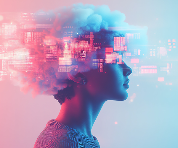 AI generated image of a person's head with data and clouds floating around it.