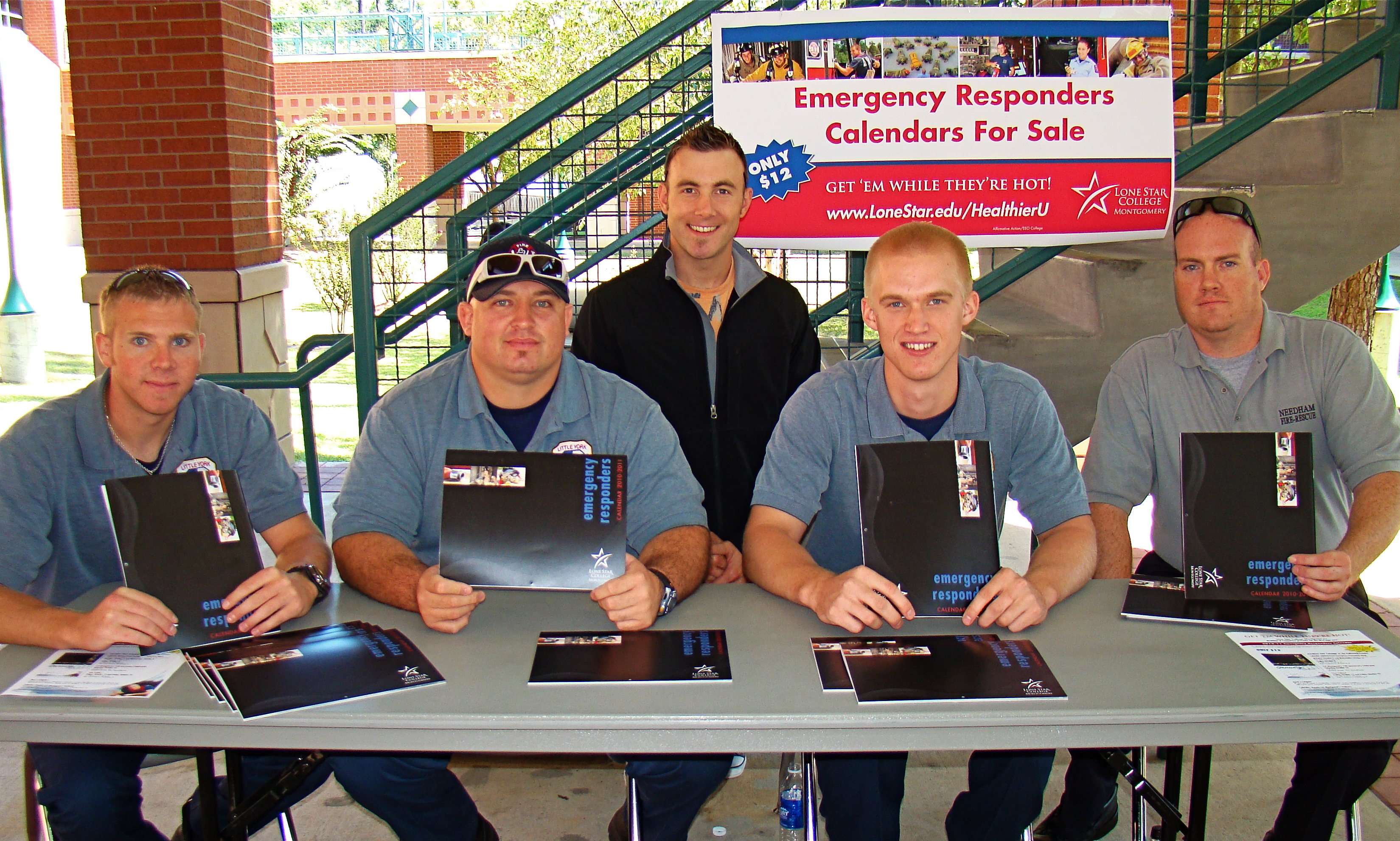 Recent Lone Star College-Montgomery fire science academy graduates Justin Jones, Matt Gonzales, John Breaux, Ross Havlick, and Patrick Dorsey help sell the 2010-2011 Emergency Responder Calendars, a 16-month calendar featuring former fire science students. Proceeds from the calendar provide scholarships for students at the college.