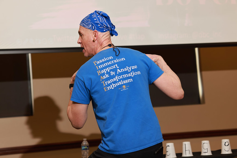 Man with a blue t-shirt on