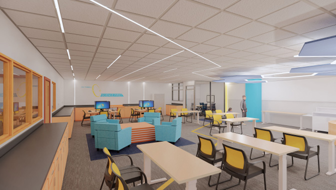 Architectural rendering of the coming Sci Fi Center space. Brightly lit inviting large room with comfortable areas to collaborate, learn, and recharge. 