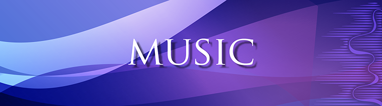 Music Department Banner, showing pictures of various musicians: a guitarist, a choir, someone playing a marimba, a cellist, singers at microphones, and a drum line.