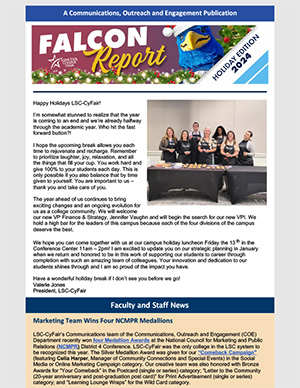 Cover of Falcon Report - Dec 2024- Happy Holidays at LSC-CyFair!