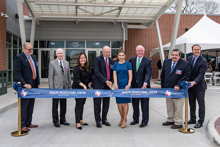 Lone Star College-Kingwood held a dedication ceremony for its new Health Professions Center on Feb. 22. Cutting the ribbon, from left, are David Baty, LSC-Kingwood vice president of instruction; Dr. Jim Cain, LSC board of trustee member; Myriam Saldivar, LSC board of trustee chair; Dr. Steve Head, LSC chancellor; Dr. Melissa Gonzalez, LSC-Kingwood president; Mike Sullivan, LSC board of trustee assistant secretary; Dr. Ryan Chabarria, LSC-Kingwood interim dean of health occupations and biological sciences; and Garrett Auzenne, senior advisor for U.S. Congresswoman Sheila Jackson Lee.