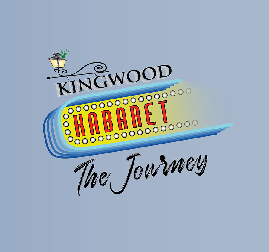Kingwood Kabaret "The Journey" - A wrought-iron lamp hangs over a marquee reading "Kingwood Kabaret". Underneath is script providing the theme "The Journey"