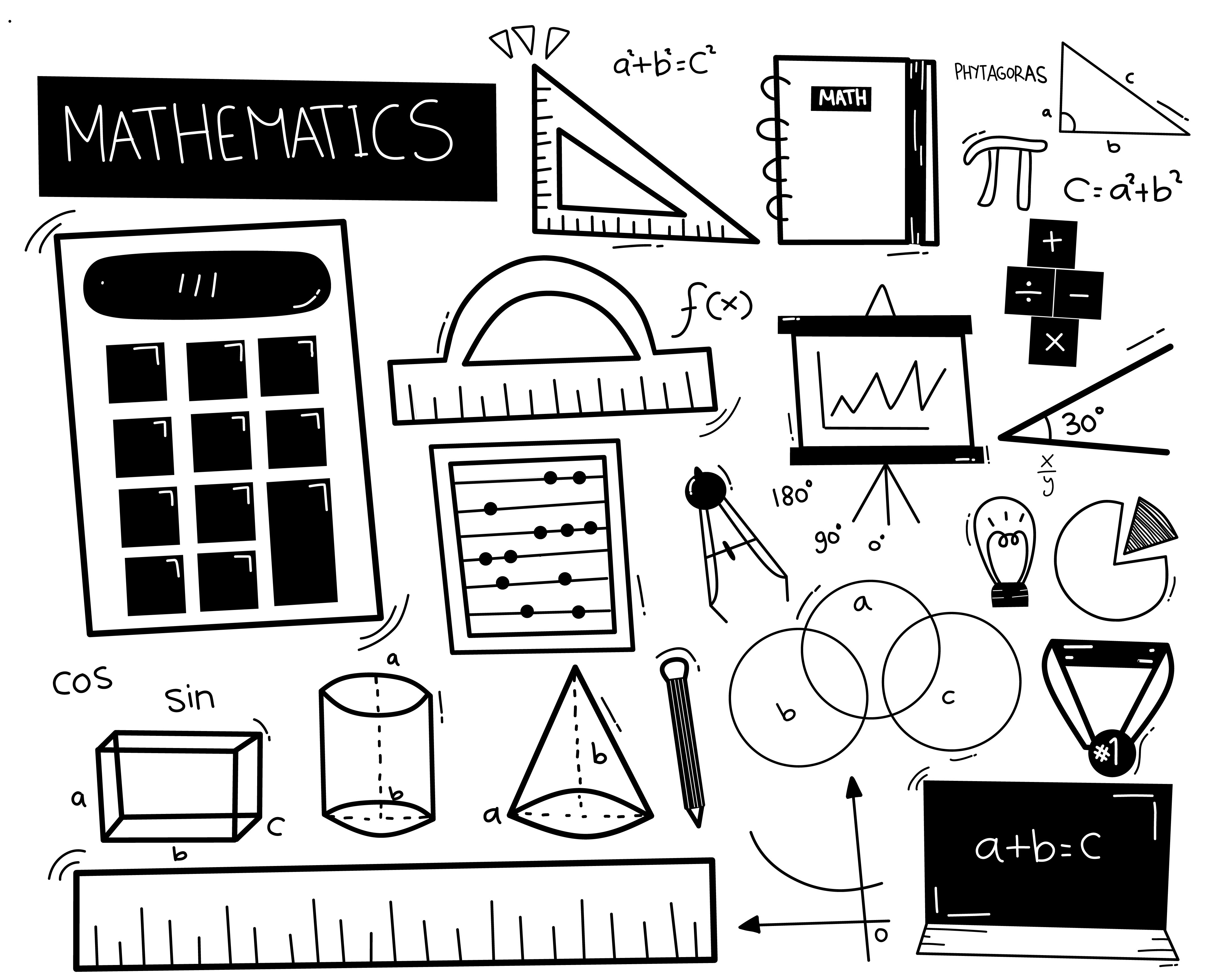 Black and White drawings of Math symbols, tools, and equations!