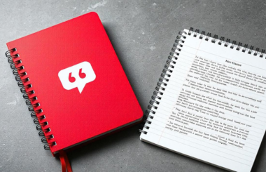 notebook with a speech bubble card laying on top