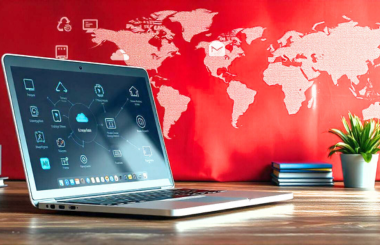 computer with technology icons and a world map in the background