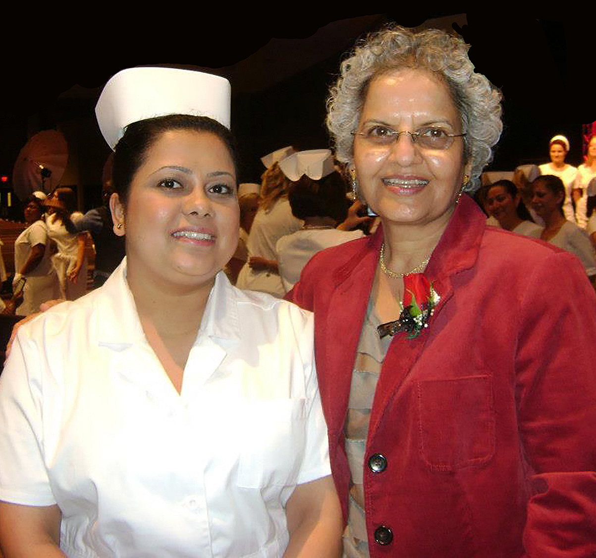 Lone Star College-North Harris Nursing Alumna Aastha Krebs, left, recently earned the 2022 Excellence Nursing Award from the Good Samaritan Foundation. Krebs is pictured with Rajrani Sharma, Ph.D., LSC-North Harris Nursing Professor, at the Nursing Pinning Ceremony in 2013.