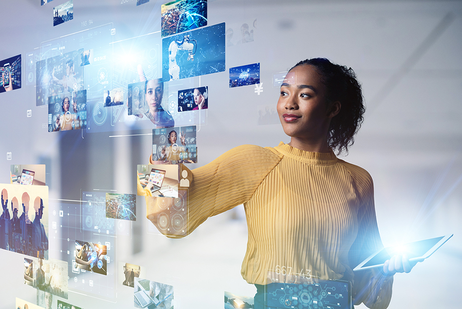 woman holding a tablet and looking at AI-generated content floating in the air in front of her