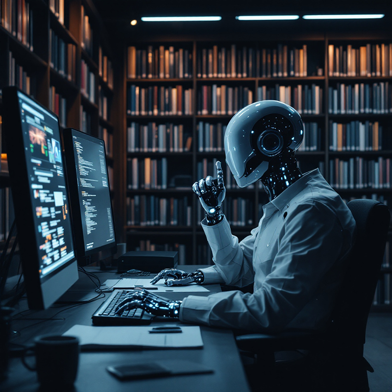 AI-generated image of a robot working at a computer in a library