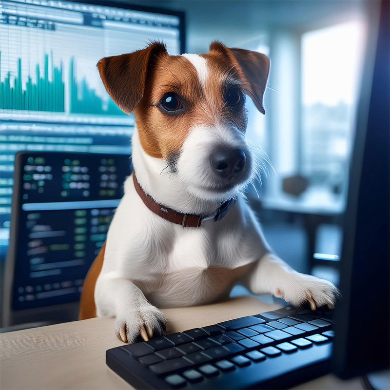 AI-generated image of a jack russell terrier analyzing data on a computer