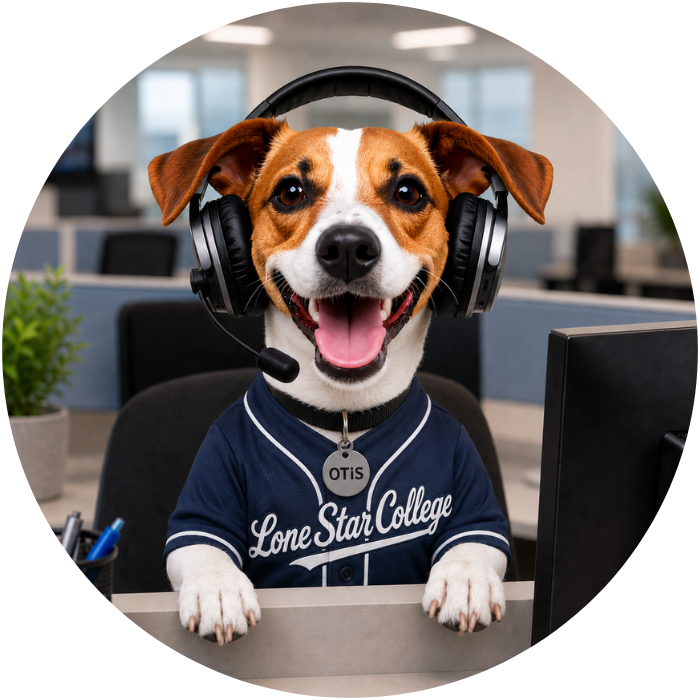 A happy smooth-haired Jack Russell terrier named OTiS sits at a modern service desk call center wearing a navy blue baseball jersey with “Lone Star College” written in script across the front. OTiS is smiling with his tongue out and wearing a customer service headset with microphone while looking directly at the viewer. His paws rest on the front of the desk beside a computer monitor and a cup of pens, with a softly blurred office workspace in the background.