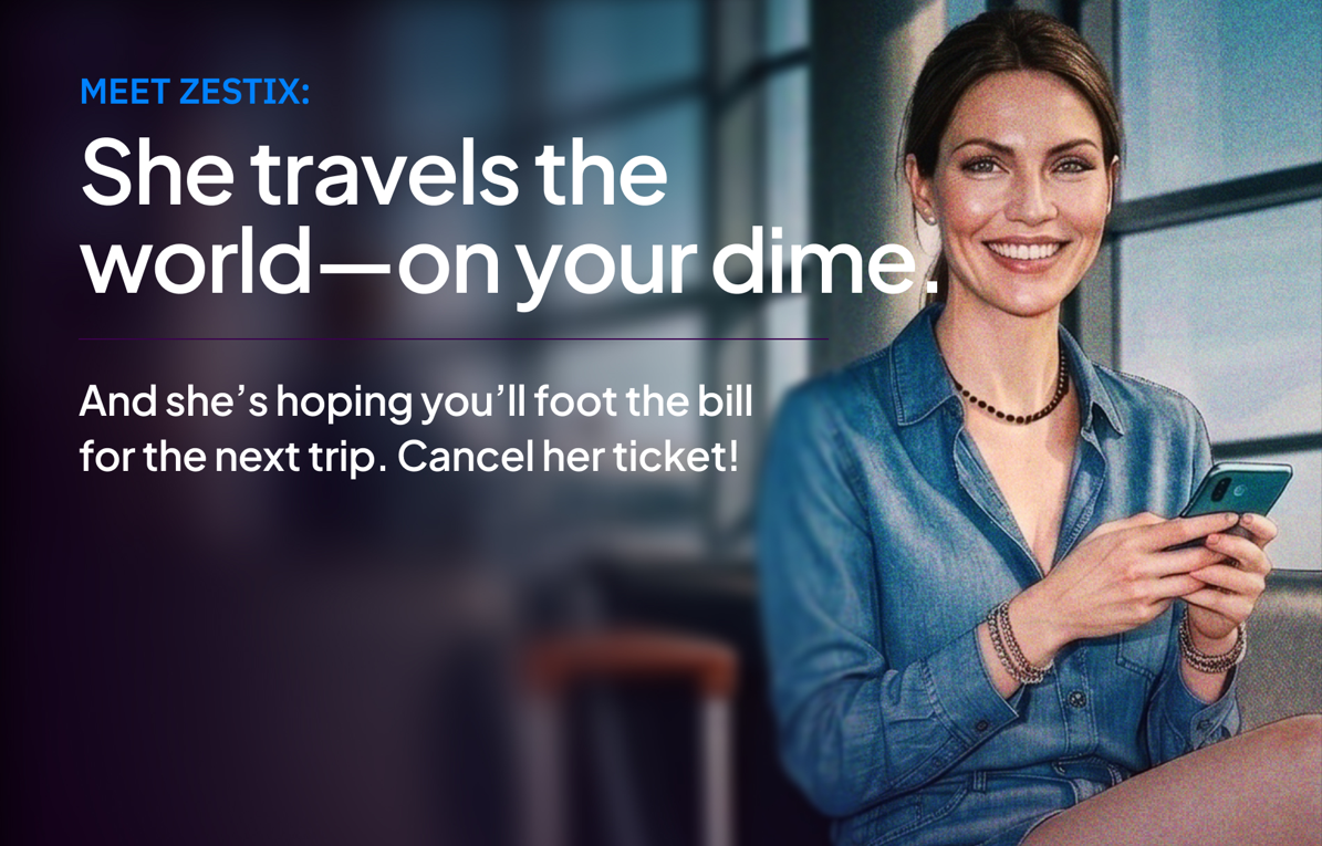 Cybersecurity Awareness Month graphic featuring Zestix holding a smartphone. Text reads, “She travels the world—on your dime. And she’s hoping you’ll foot the bill for the next trip. Cancel her ticket!”