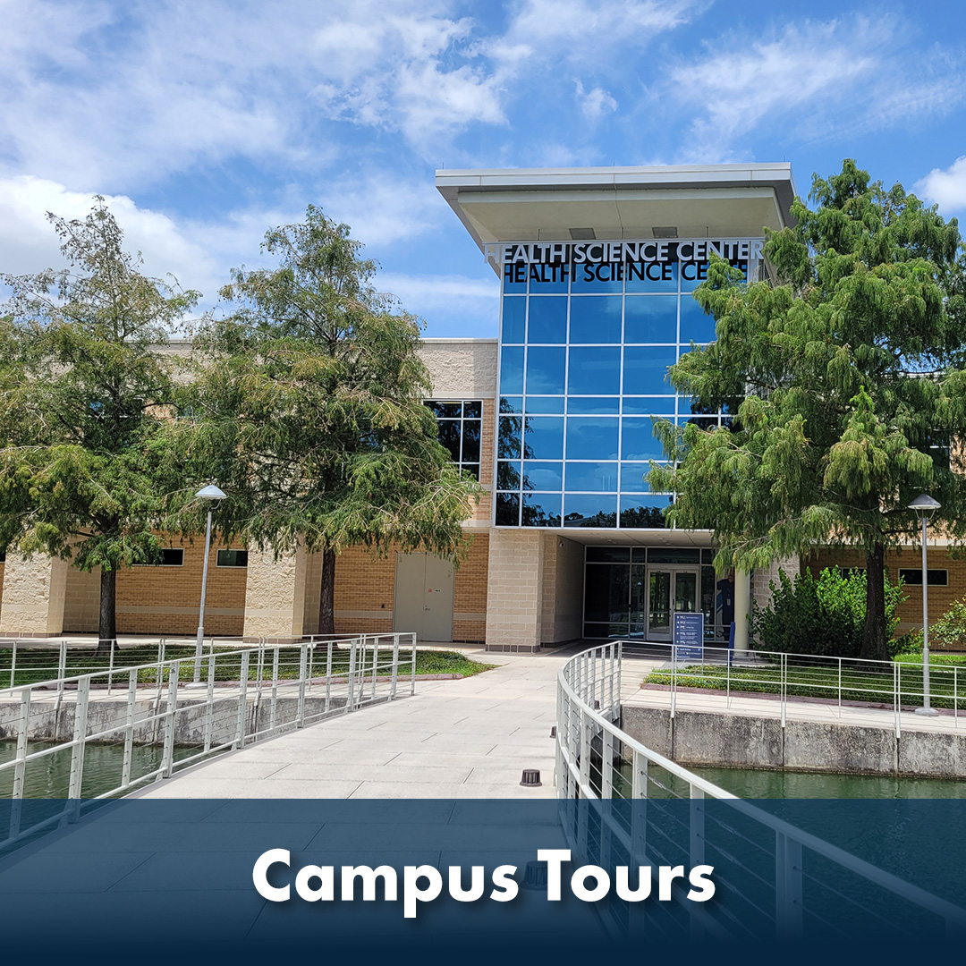 The words 'Campus Tours' are written across the bottom of the image as a header. View of LSC-CyFair campus.