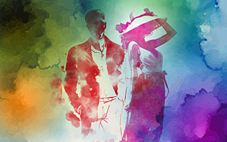 Image of watercolor silhouettes of fashionable man and woman on a colorful abstract background