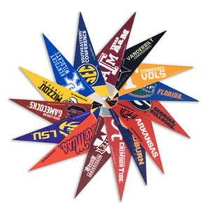 Pinwheel design made up of multiple college and university pennants