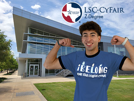 Student standing in front of LSC-CyFair, excited about the Z-Degree program.