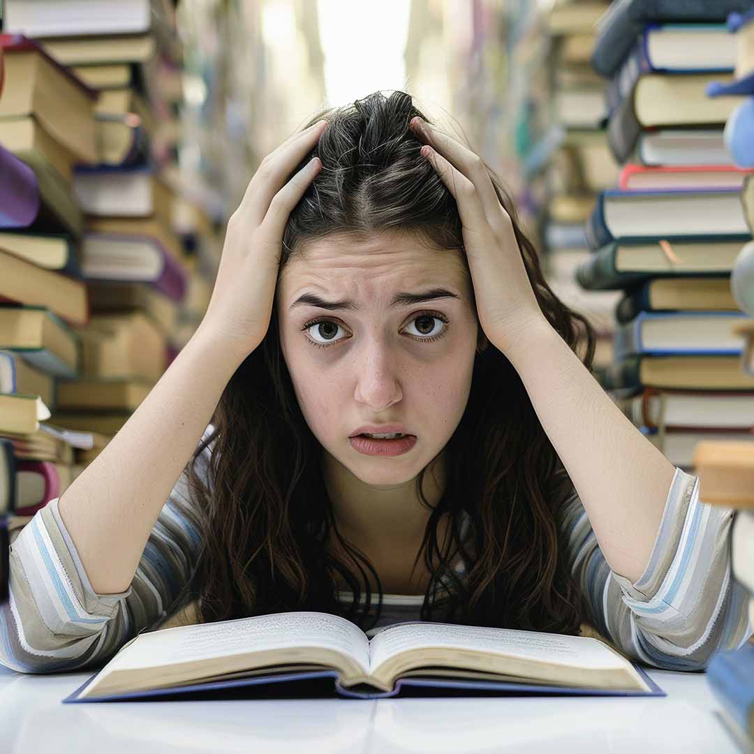 A woman surrounded by stacks of books.