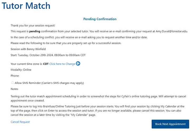 screenshot of tutor match pending confirmation page