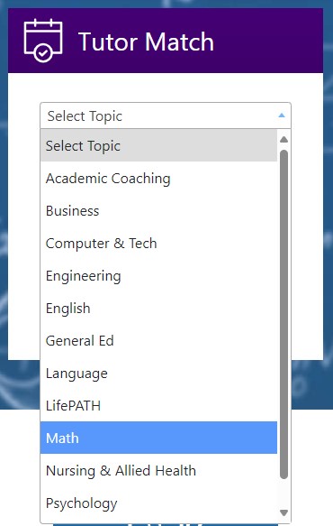 screenshot of the tutor match section with the math topic chosen
