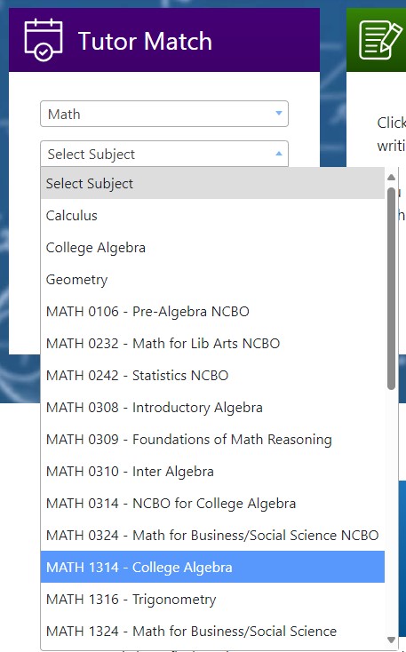 screenshot of the tutor match section with which courses to choose from