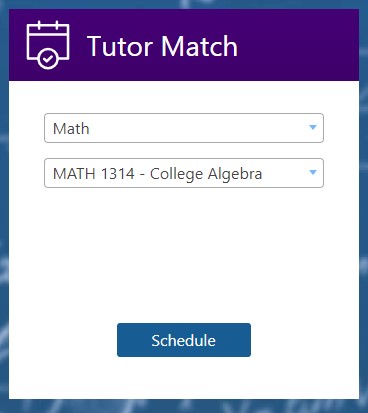 screenshot of the tutor match section with math chosen as topic and math 1314 - college algebra chosen as class