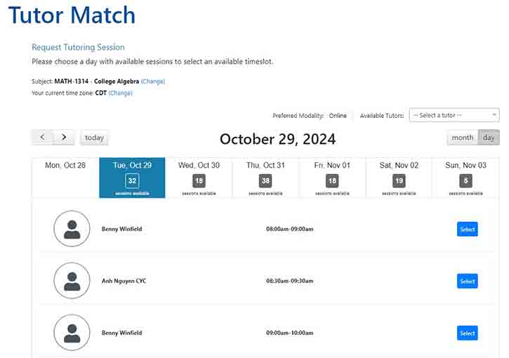 screenshot of tutor match schedule