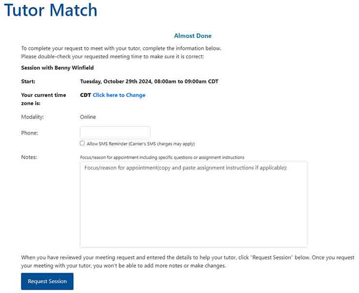screenshot of tutor match almost done page