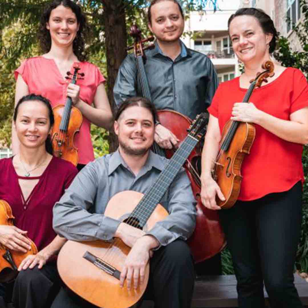 Photo of the quintet band holding their instruments