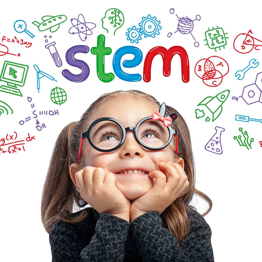 Girl looking up to the word STEM