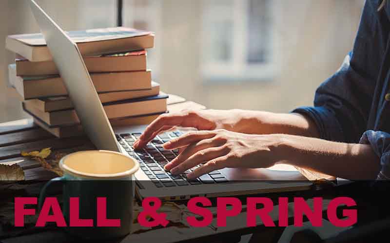 Computer surrounded by books, leaves, and a mug.