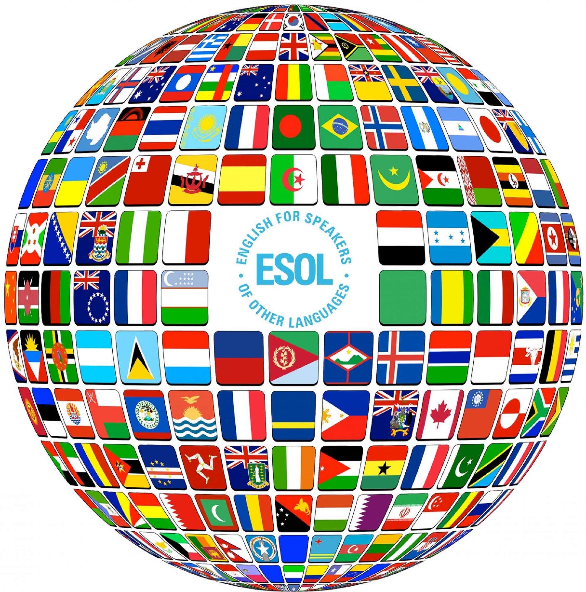 Flags from various countries displayed in the shape of a sphere. The letters ESOL are displayed in the middle.