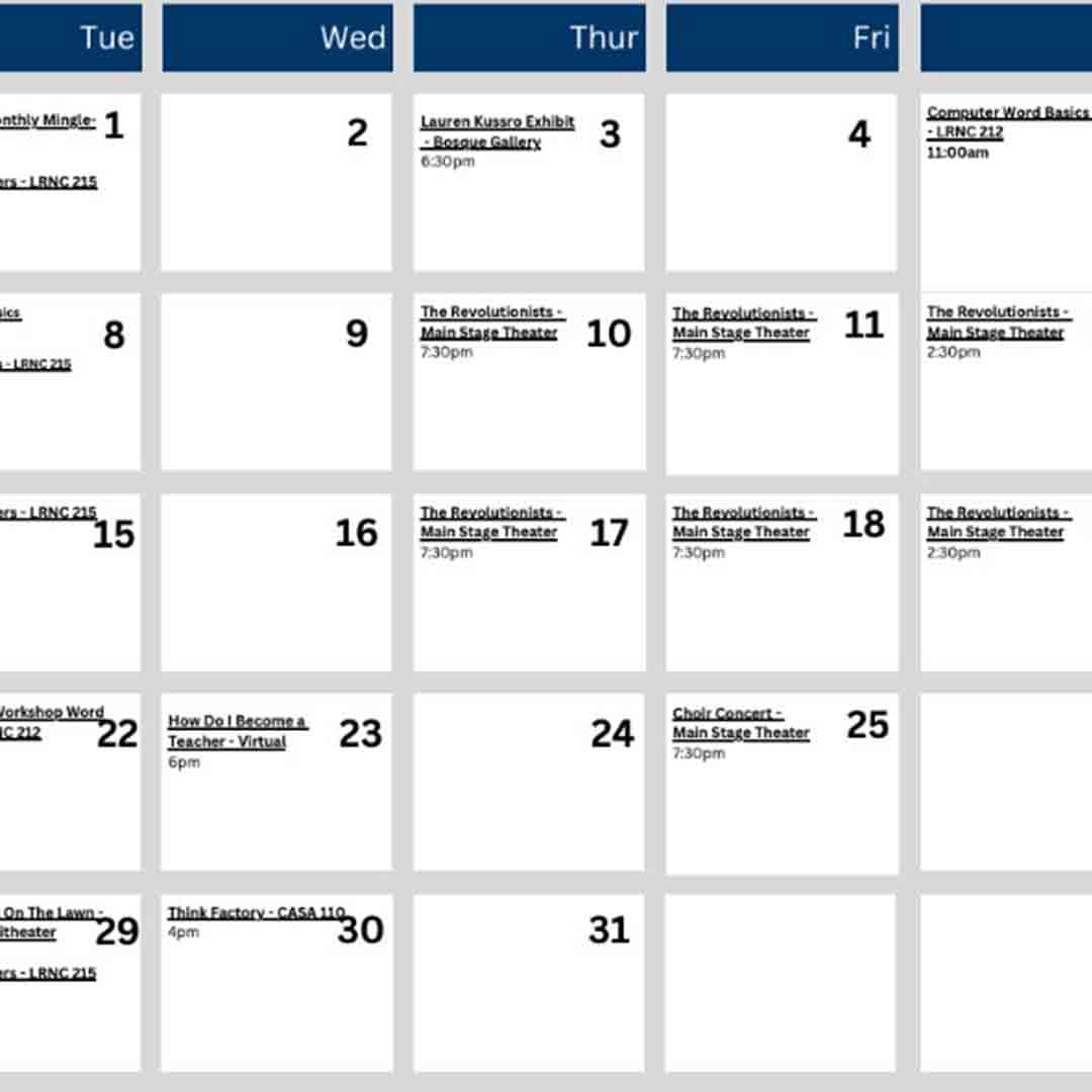 Image of downloadable evening and weekend events calendar.