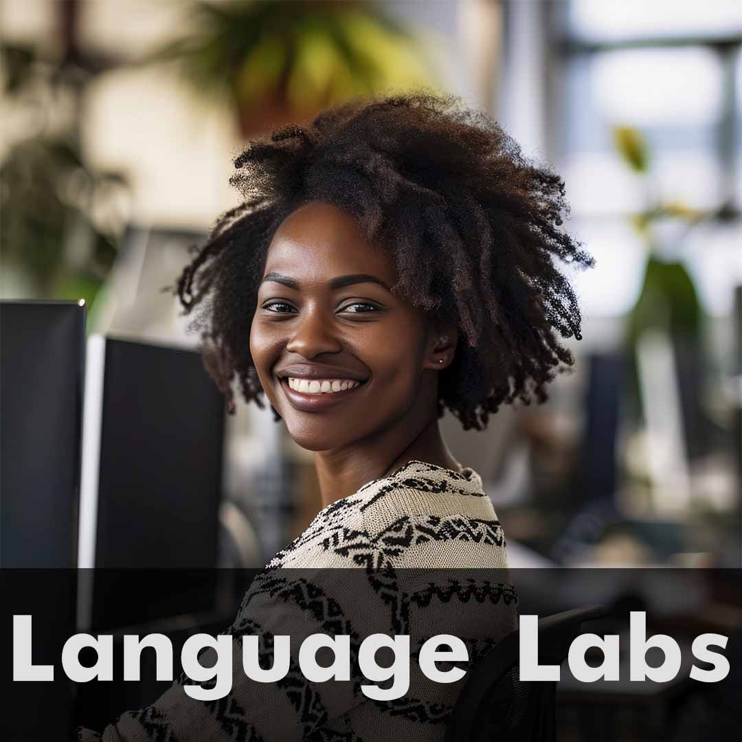 The words Language Labs are written across the bottom of the image as a header. Woman smiling while sitting in front of a computer.