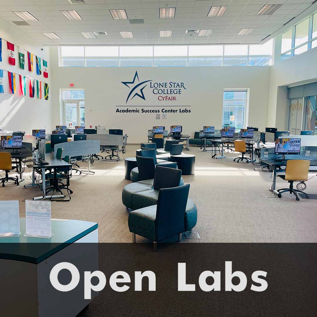 The words Open Labs are written across the bottom of the image as a header. Open lab located in the technology building. Rows of computers available.
