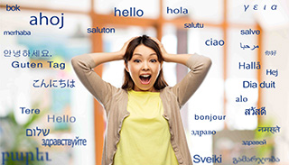 Woman with the word hello surrounding her in different languages.