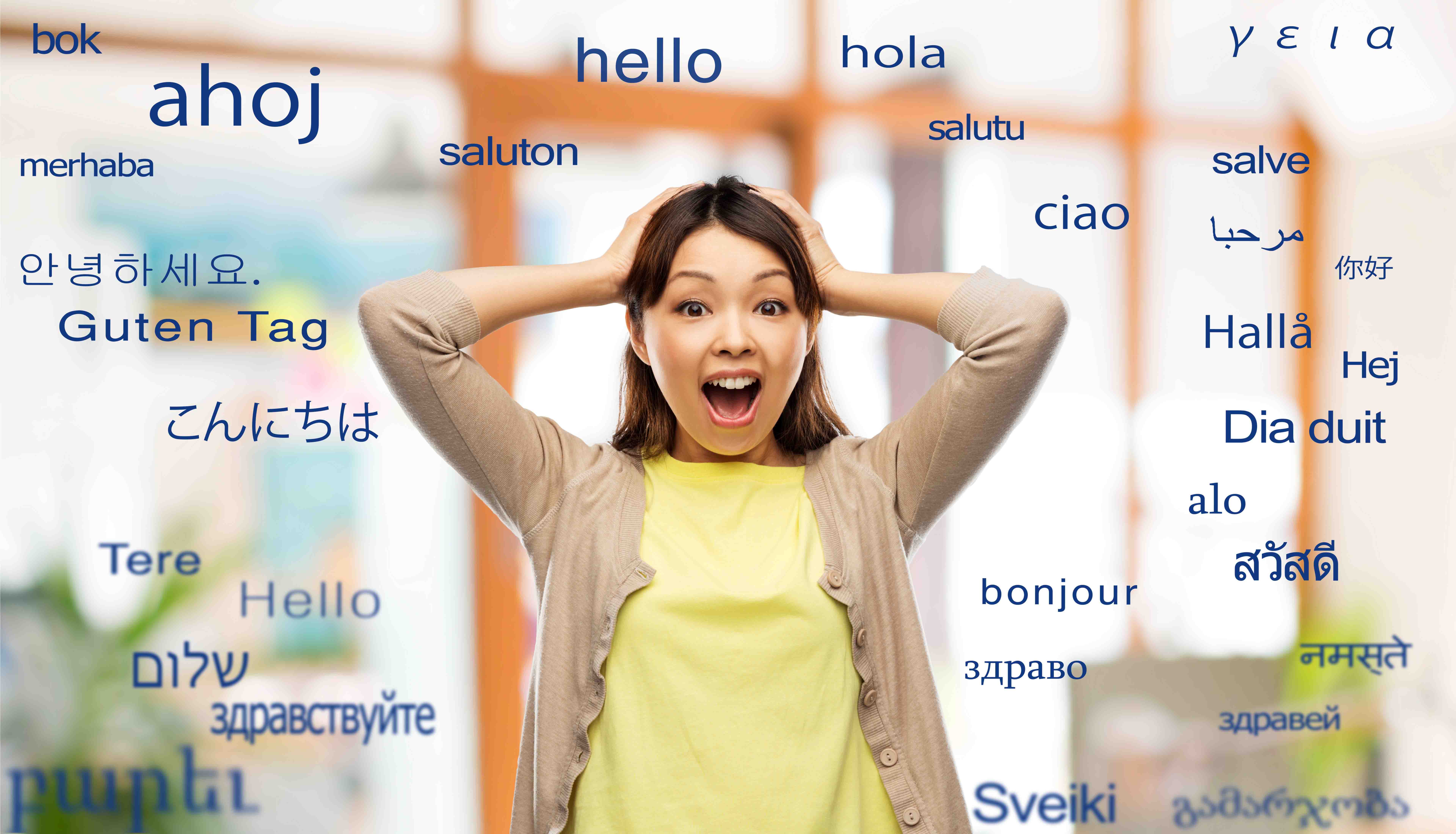 Woman with the word hello surrounding her in different languages.