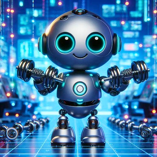 CGI image of a cute robot smiling and lifting weights in a bright tech-filled exercise room.