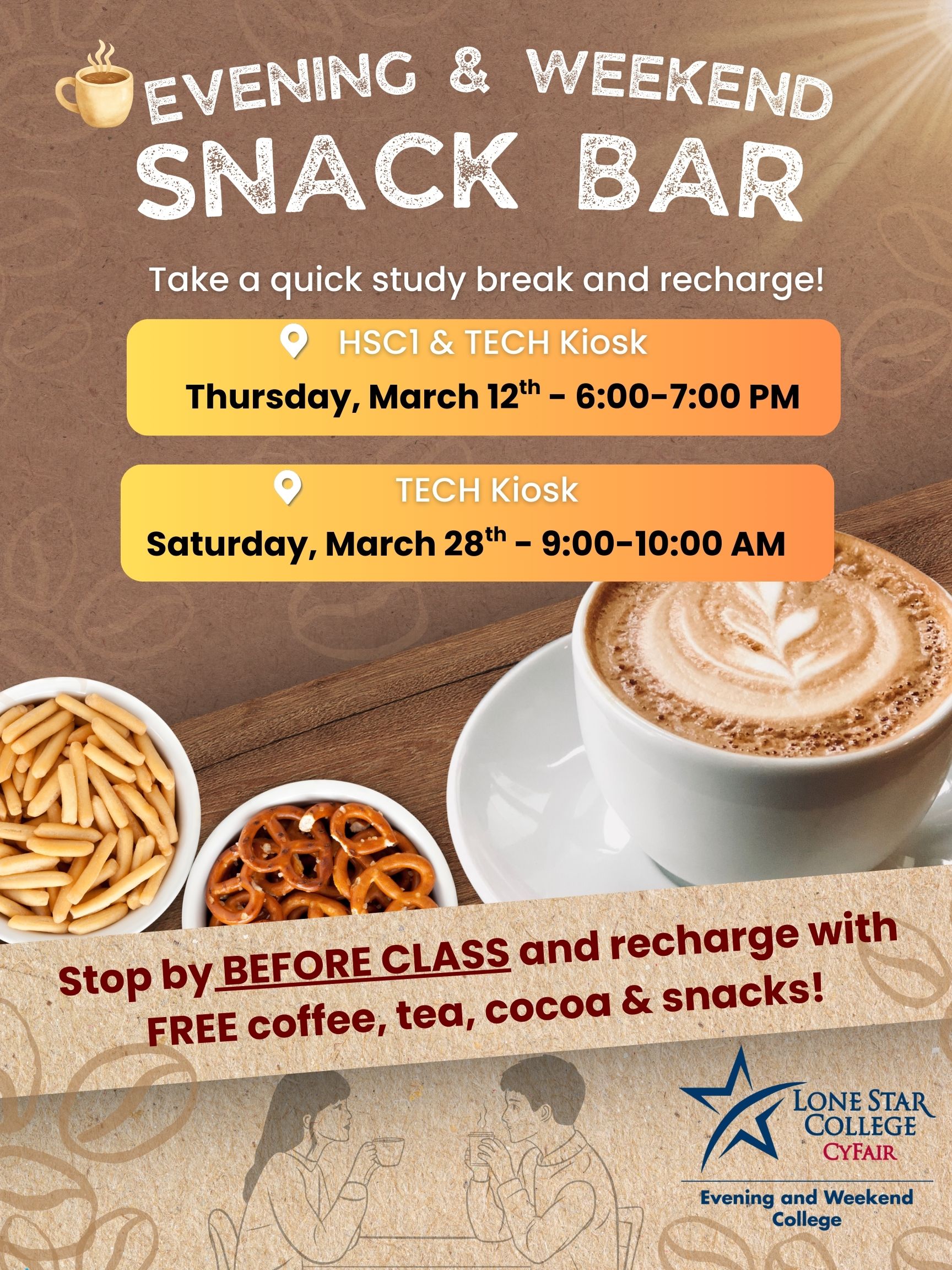 Two people drinking coffee with snacks